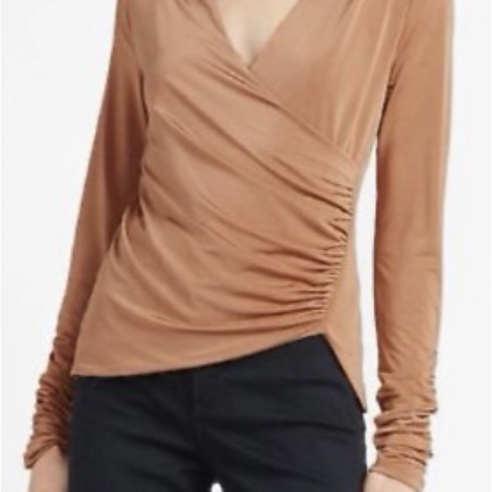 Express Bodycon Copper Long Sleeve Wrap Top with Ruched Sleeves